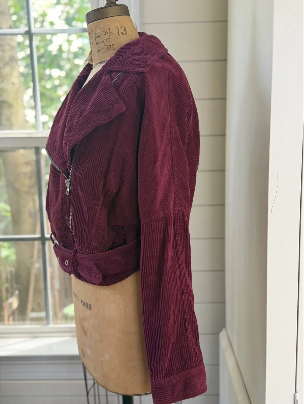 Free People Burgundy Corduroy Belted Cropped Moto Boho Chic Jacket Women Small